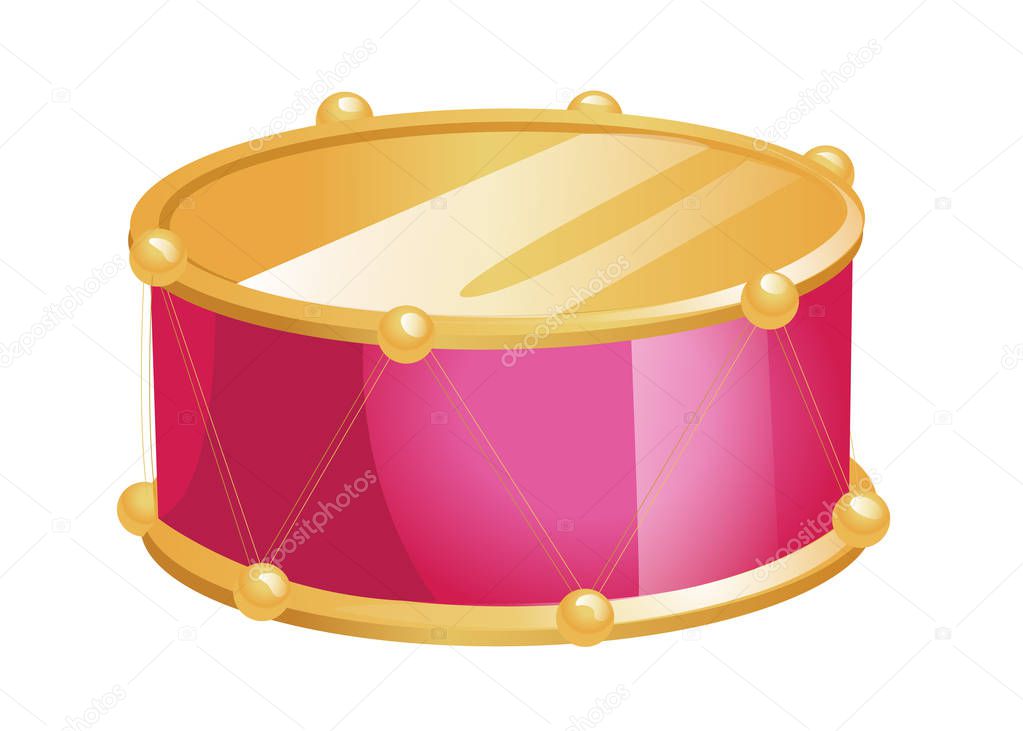 Vector illustration of flat toy drum isolated on white background. Children percussion musical instrument
