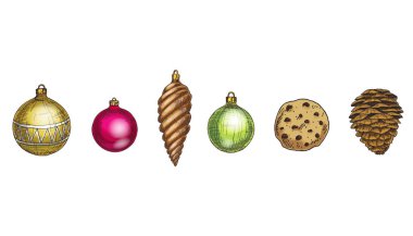Merry Christmas and Happy New Year vector set. Cone, gingerbread cookie and multicolored glass balls Isolated on white background. Winter hollidays collection clipart