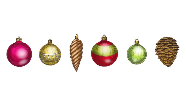 Ensemble Vectoriel Joyeux Noël Bonne Année Cône Boules Verre Multicolores — Image vectorielle