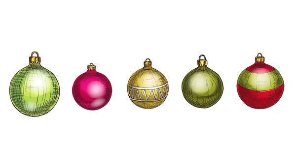 Ensemble Vectoriel Joyeux Noël Bonne Année Boules Verre Multicolores Isolé — Image vectorielle