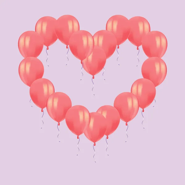 Kalp Kompozisyon Kırmızı Balonlarla Uçan Gerçekçi Hava Izole Üzerinde Pembe — Stok Vektör