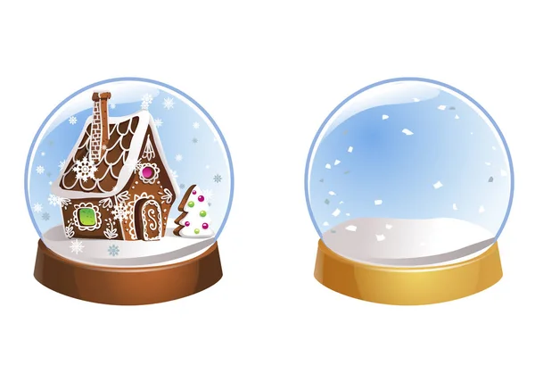 Beyaz arka planda izole edilmiş kar taneleri olan iki Noel küresi. Vektör çizimi. Cam toplar içinde kış