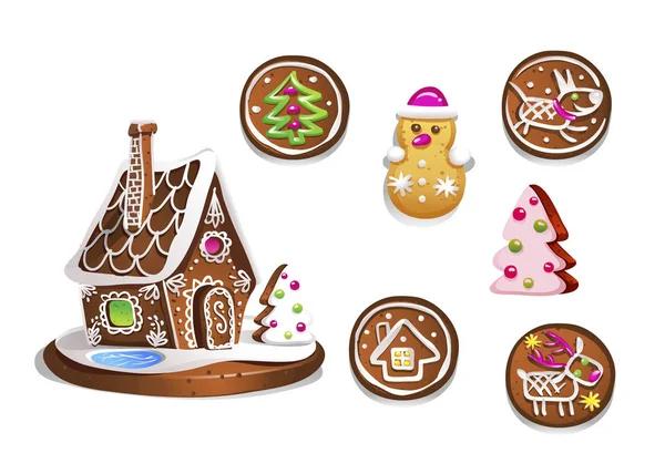 Set Various Gingerbread Figures Cute Hand Drawn Honey Cakes Traditional — Stock Vector