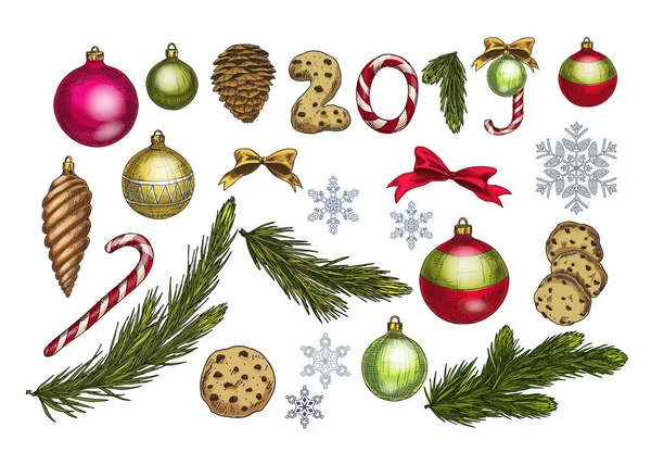 Vánoční Novoroční Dekorace Borovicovými Větvemi Míčky Luky Sněhové Vločky Kornouty — Stockový vektor