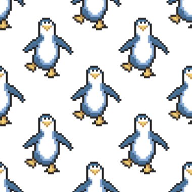 Penguenlerle kusursuz bir düzen. Şirin pikselli penguenler. 8 bit vektör illüstrasyonu. Kış hayvanları deseni