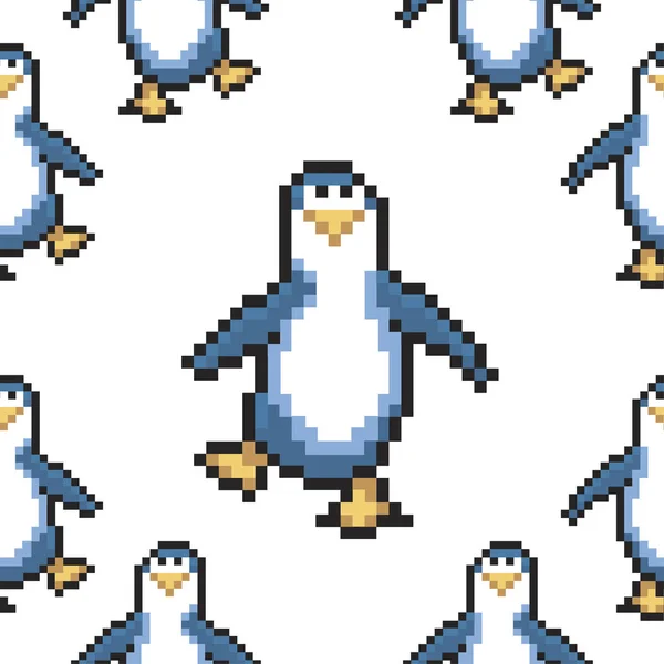 Бесшовный Узор Пингвинами Милые Пиксельные Пингвины Битная Векторная Иллюстрация Зимние — стоковый вектор