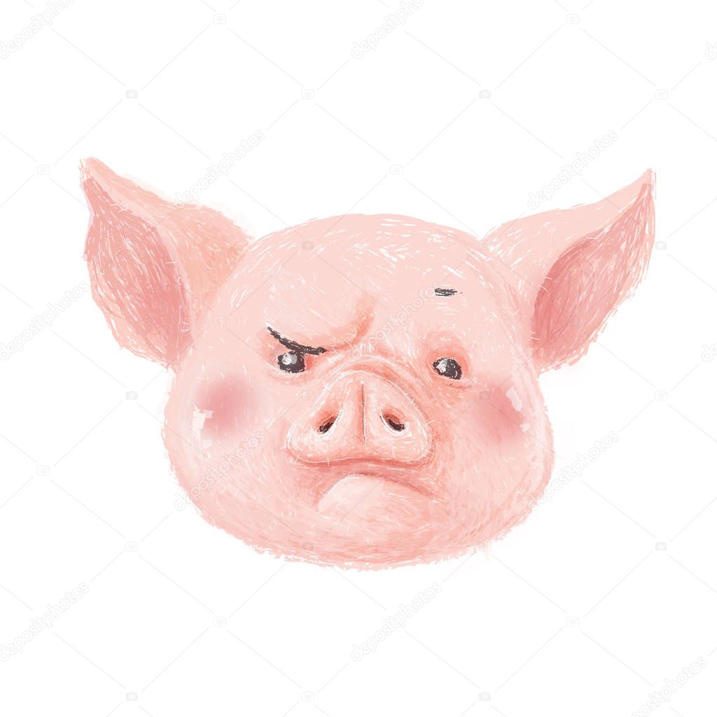 Adorable pig character frowns. Cute little piglet face isolated on white background. Pig emotion collection. Vector hand draw illustration