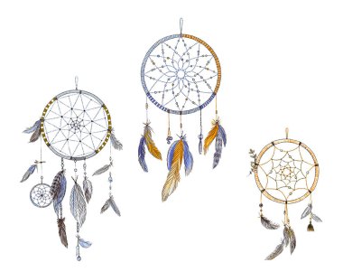 Dreamcatchers ve beyaz arka plan üzerinde izole tüyler. Yerli Kızılderili dreamcatchers. Tasarımınız için renkli resimde