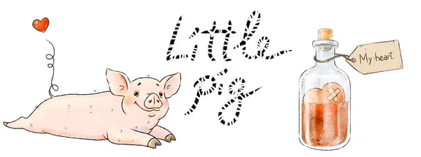 그린된 귀여운 돼지와 사랑의 배경에 로맨틱 컬렉션 일러스트 — 스톡 사진