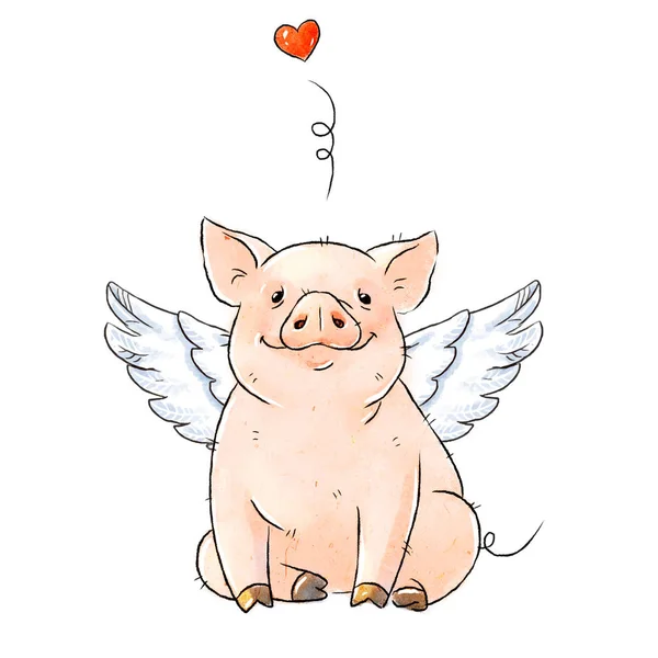 Hand drawn naughty pig with angel wings. Cute funny piglet and heart isolated on white background. Romantic Collection Illustration