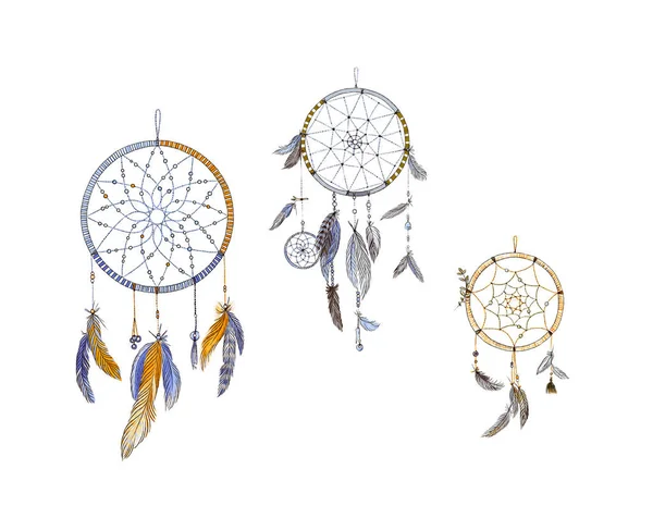 Dreamcatchers 배경에 깃털입니다 네이티브 아메리칸 인디언 Dreamcatchers입니다 디자인을 다채로운 — 스톡 사진