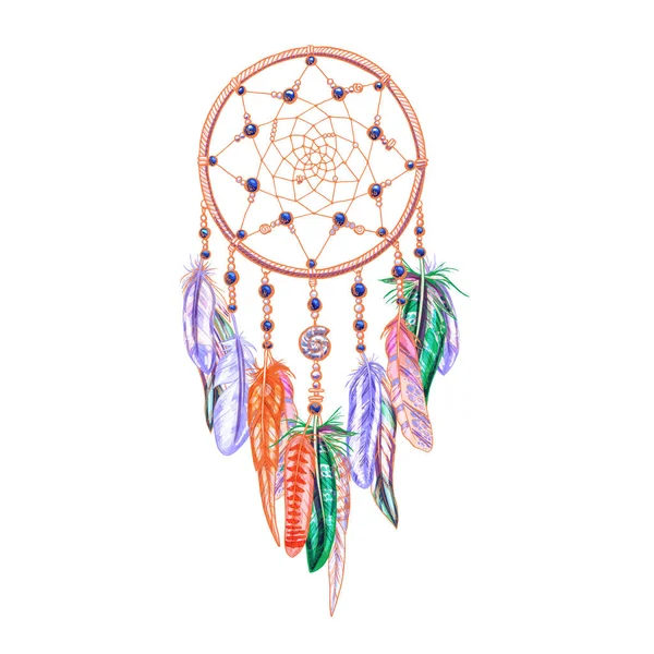 Capteur Rêves Coloré Plumes Isolées Sur Fond Blanc Amulette Amérindienne — Image vectorielle