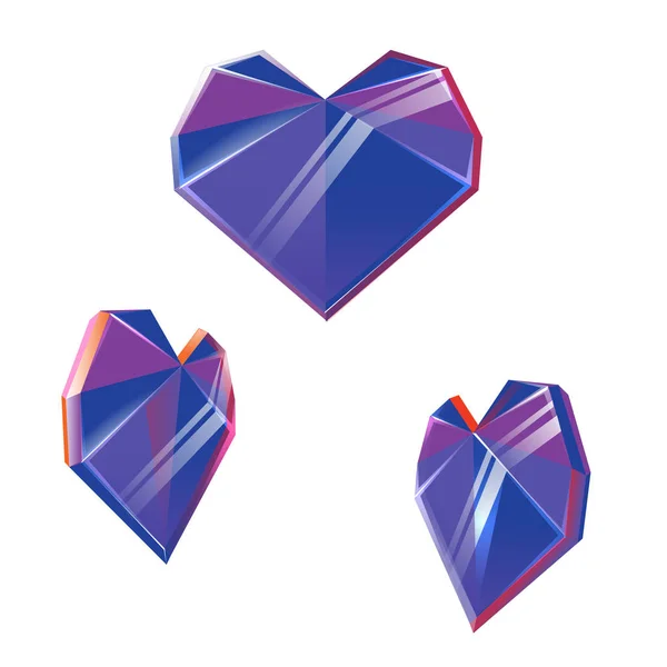 Vector Polygonal Lila Kristall Hjärtan Isolerad Vit Bakgrund Alla Hjärtans — Stock vektor
