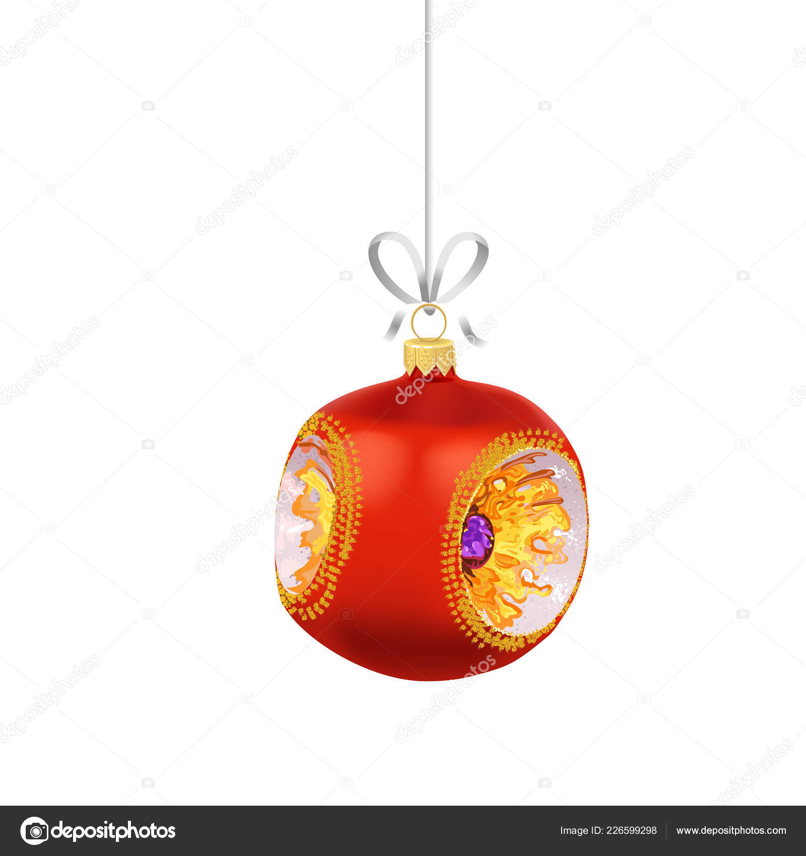 Boule Noël Verre Rouge Avec Ornements Ruban Isolé Sur Fond