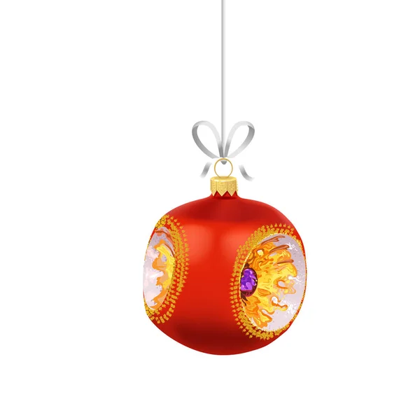 Boule Verre Rouge Noël Avec Ornements Ruban Isolé Sur Fond — Image vectorielle