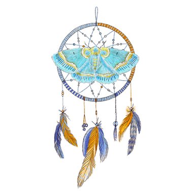 Rüya yakalayıcı tüyler ve beyaz arka plan üzerinde izole kelebek. Elle çizilmiş şekil. Boho stili