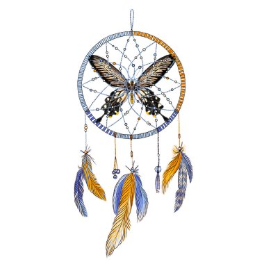 Rüya yakalayıcı tüyler ve beyaz arka plan üzerinde izole kelebek. Elle çizilmiş şekil. Boho stili