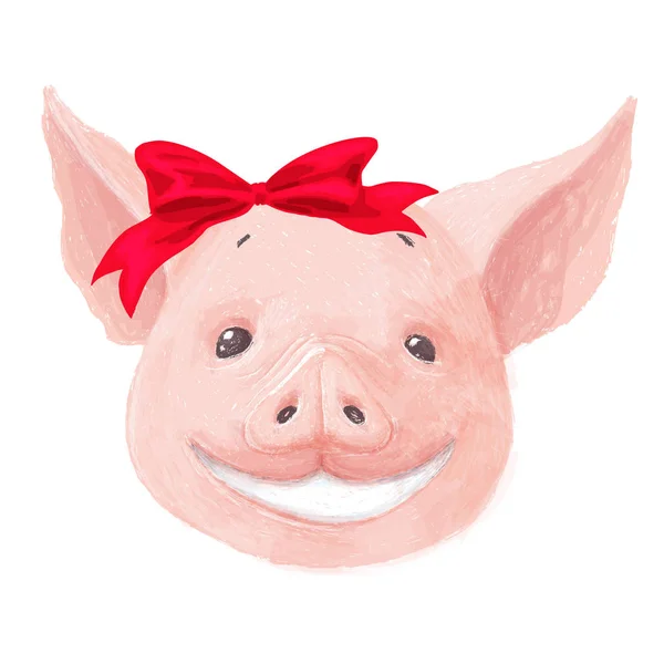 愛らしい豚の文字の笑顔 かわいい小さな子豚顔と白い背景に分離された赤の弓 豚感情コレクション 手描きイラスト — ストック写真