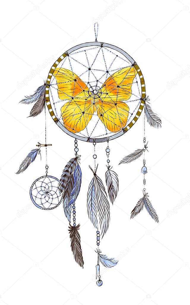 Dream catcher with feathers and butterfly isolated on white background. Hand drawn illustration. Boho style