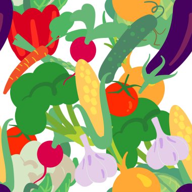 Vektör seamless modeli el ile sebze çizilmiş. Çiftlik piyasa ürünleri. Brokoli, karnabahar, salatalık, domates, Mısır, patlıcan, biber, radishe ve sarımsak basit vejetaryen yemek çizim