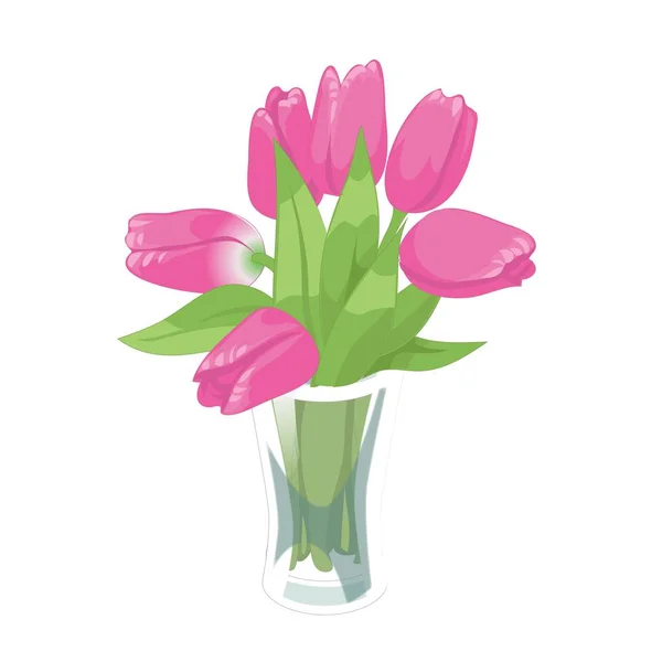 Rosa Tulpen Frühlingsstrauß Der Glasvase Auf Weißem Hintergrund Blumenvektorillustration — Stockvektor