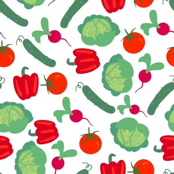 手でシームレスなパターンをベクトルには 野菜が描かれています 農産市場 キャベツ キュウリ トマト コショウ 単純なベジタリアン料理を描画 — ストックベクタ