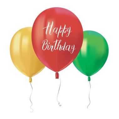 Üç beyaz arka plan üzerinde izole uçan balon hava. Yazıt kutlu olsun. Doğum günü partisi için festival dekor öğe veya balon tebrik kartı tasarım öğesi. Vektör