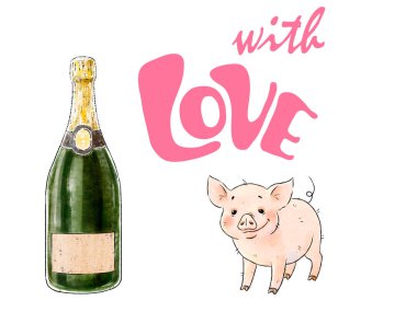 Hand drawn naughty pig and bottle of champagne. Cute funny piglet isolated on white background. Inscription with Love. Romantic illustration clipart