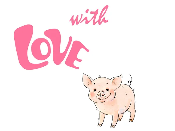 手绘淘气的猪 可爱的有趣的小猪隔离在白色背景 用爱写着 浪漫的例证 — 图库照片