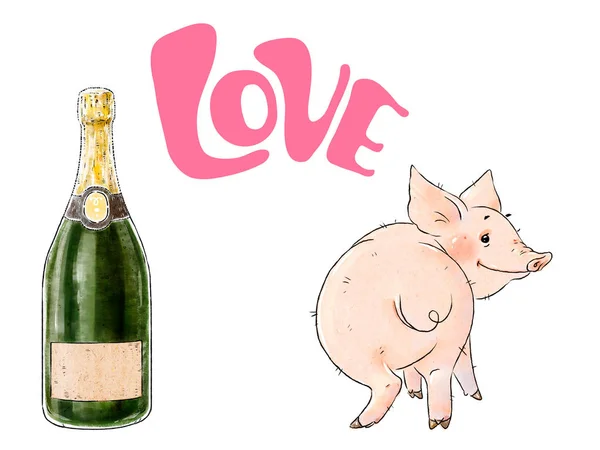 手绘顽皮的猪和一瓶香槟 可爱的有趣的小猪隔离在白色背景 用爱写着 浪漫的例证 — 图库照片