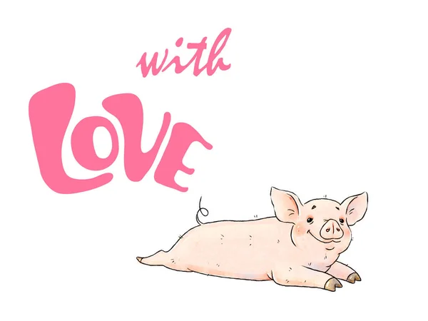 Hand drawn naughty pig. Cute funny piglet isolated on white background. Inscription with Love. Romantic illustration