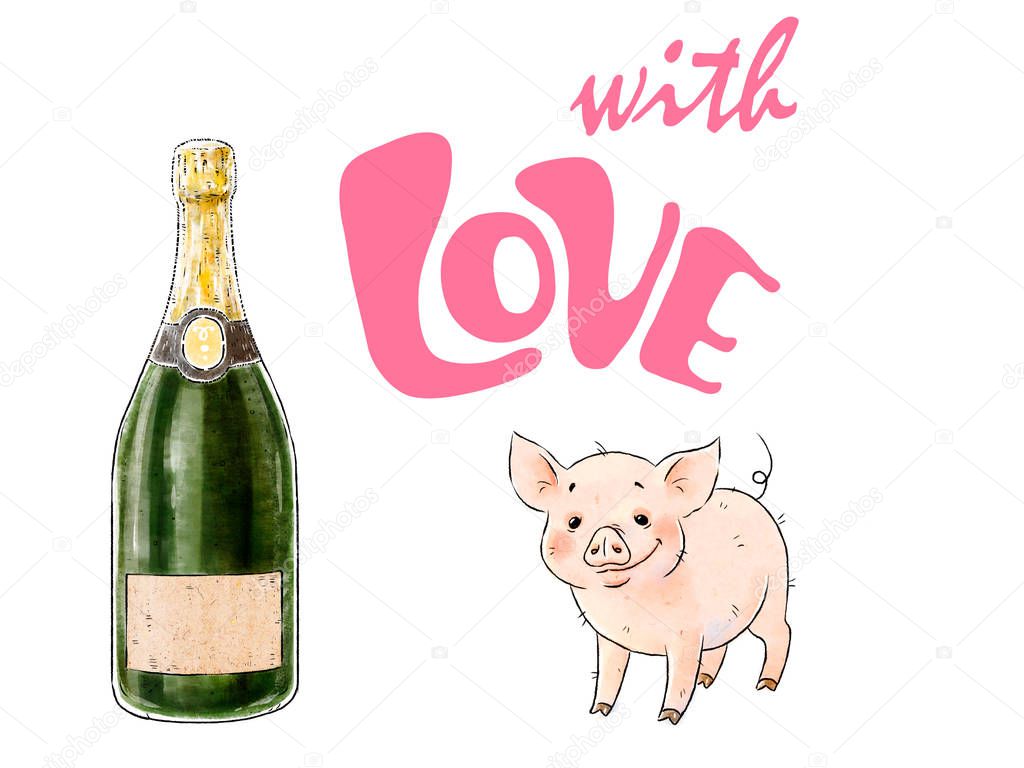 Hand drawn naughty pig and bottle of champagne. Cute funny piglet isolated on white background. Inscription with Love. Romantic illustration