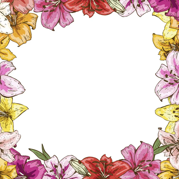 Frame Van Bloemen Mooi Kader Van Kleurrijke Lelies Klaar Sjabloon — Stockvector