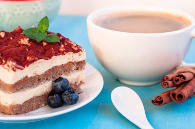 Bir parça iştah açıcı tiramisu keki yakın planda.