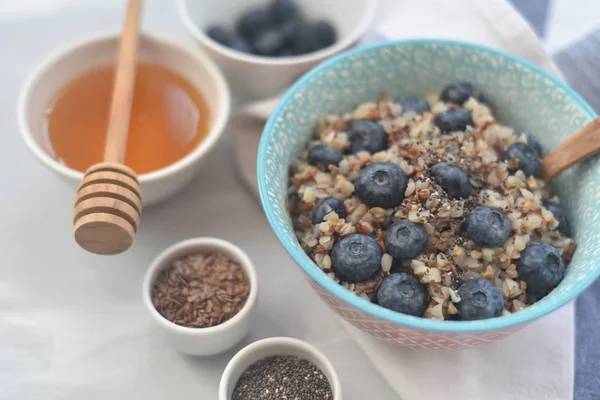 Buckwheat Porridge Bowl Flax Seeds Blueberries Oncept Healthy Food Detox — Stock Photo, Image