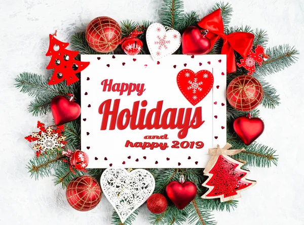 Happy Holidays Text Holiday Evergreen Branches Berries Corner Rustic Wooden — Stock Photo, Image
