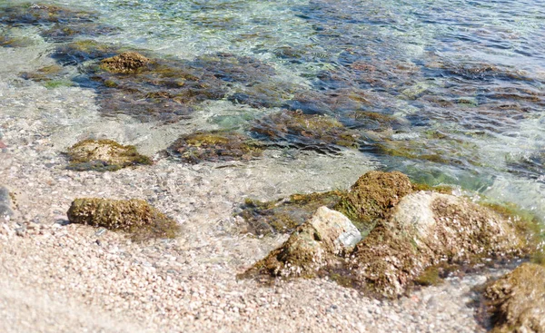 Hintergrund aus transparentem Meerwasser und Boden, mit Steinen und Wellen — Stockfoto