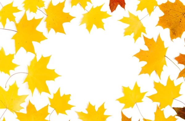 Composición del patrón otoñal. Patrón hecho de hojas de otoño. Plano, vista superior, espacio para copiar — Foto de Stock