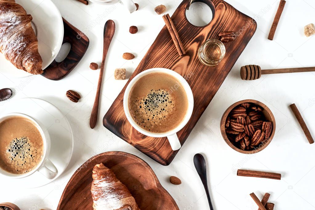 breakfast pattern, croissant, coffee, honey, cinnamon sticks, nuts, sugar. Good morning concept, wake up, sweet life.