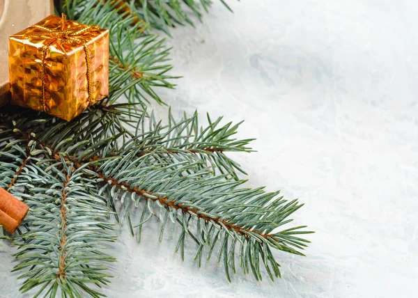 Décoration de Noël ou Nouvel An fond : branches d'arbre, vue de dessus, espace de copie — Photo