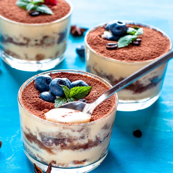 Dessert tiramisu in glasses, decorated with blueberries and mint with coffee beans, the concept of delicious life — Stock Photo, Image
