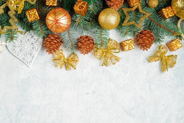 황금빛 흰머리 눈송이가 크리스마스 국경선 가지들 — 스톡 사진