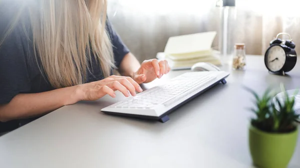 Chica Trabaja Ordenador Desde Casa Concepto Trabajo Moderno Freelance — Foto de Stock