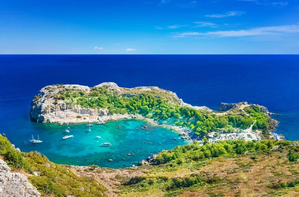 Vista Panorámica Bahía Anthony Quinn Mar Mediterráneo Rodas Grecia — Foto de Stock