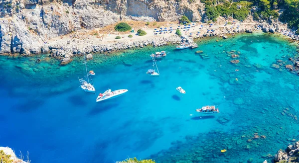 Vista Aérea Bahía Anthony Quinn Con Barcos Rodas Grecia — Foto de Stock