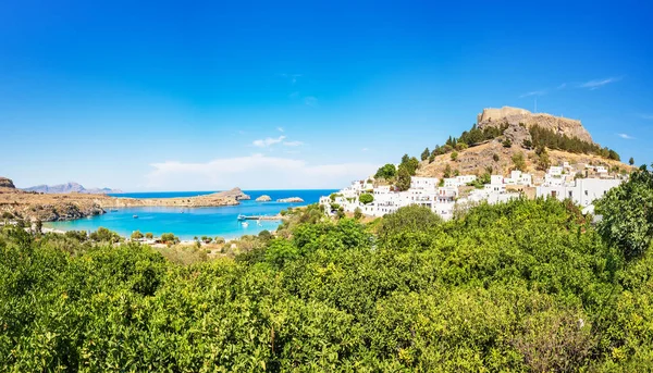 Uitzicht Akropolis Van Lindos Traditionele Witte Huisjes Citroenbomen Rhodos Griekenland — Stockfoto