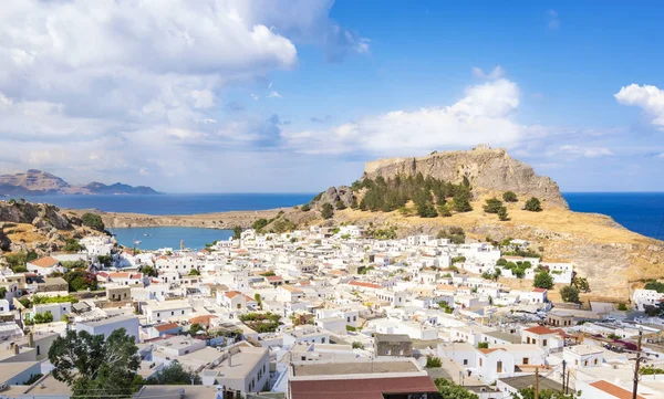 Vista Del Pueblo Lindos Con Acrópolis Mar Mediterráneo Fondo Rodas —  Fotos de Stock