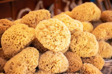 Symi Adası'nda (Rhodes, Yunanistan sokak dükkanı sergilenen deniz süngeri)