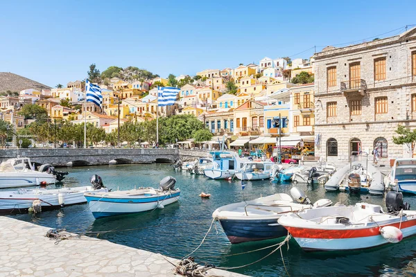 Greek Flags Boats Colorful Neoclassical Houses Harbor Town Symi Symi — Stock Photo, Image