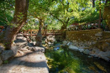 Kolymbia (Rodos, Yunanistan) yakınlarındaki ormanda Yedi Bahar 'da (Epta Piges) küçük Loutanis nehri üzerindeki tahta köprü)